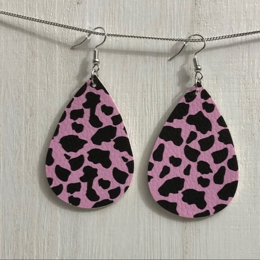 Animal Print Leather Teardrop Earrings Pink Black